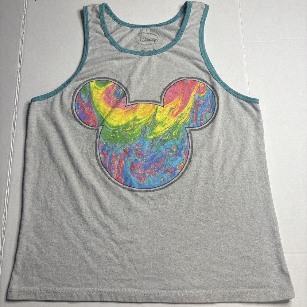 Disney Mickey Rainbow Swirl Graphic Print Gray Tank Top Men's Size Small 34/36
